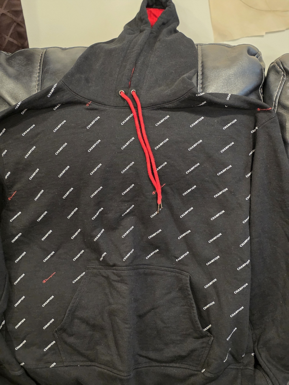 Champion Black Hoodie with Red Drawcords and Logo Print